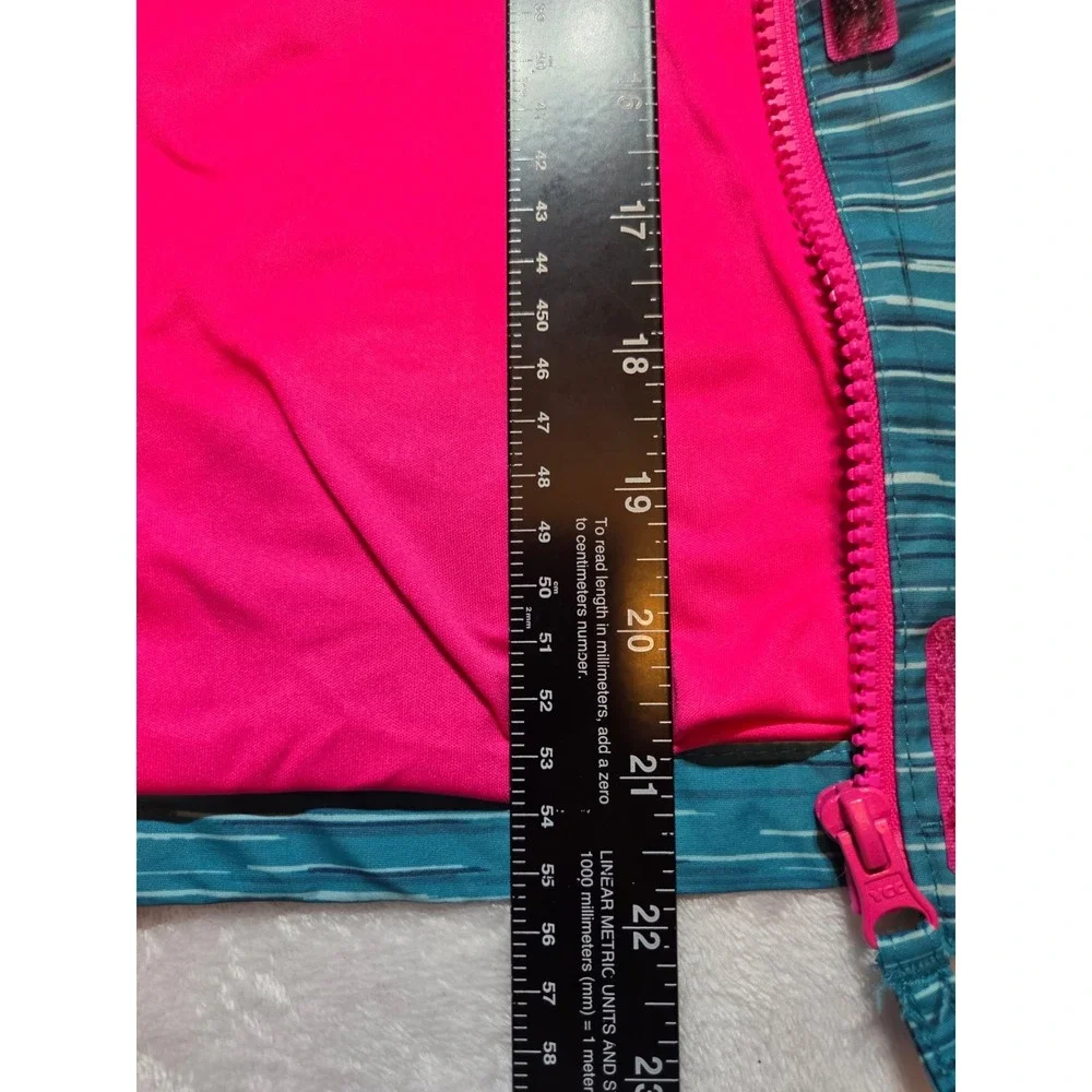 297. Faded Glory Girls M 7-8 Teal Pink Hooded Jacket Lightweight Striped Full...